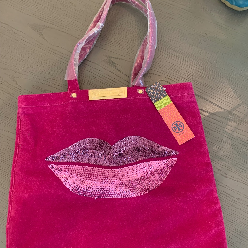Nwt Rare Tory Burch "Meet The Lips" Pink Bling Suede Large Tote Handbag-$375